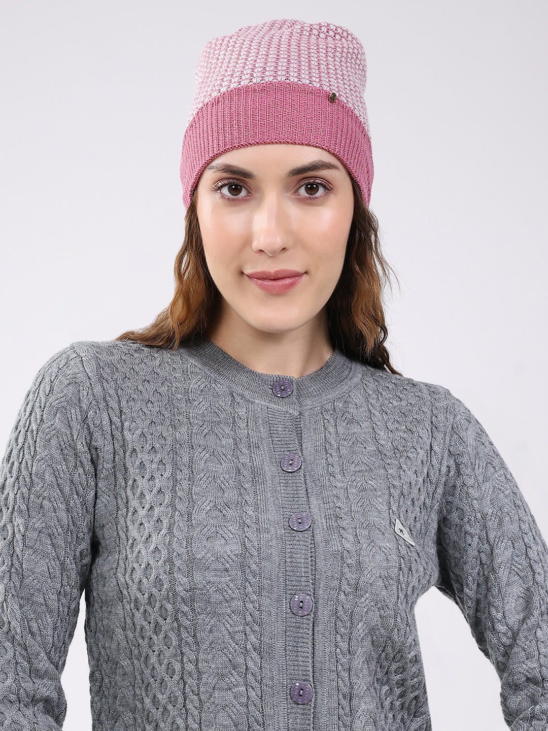 Women Pink Self Design Blend Wool Cap