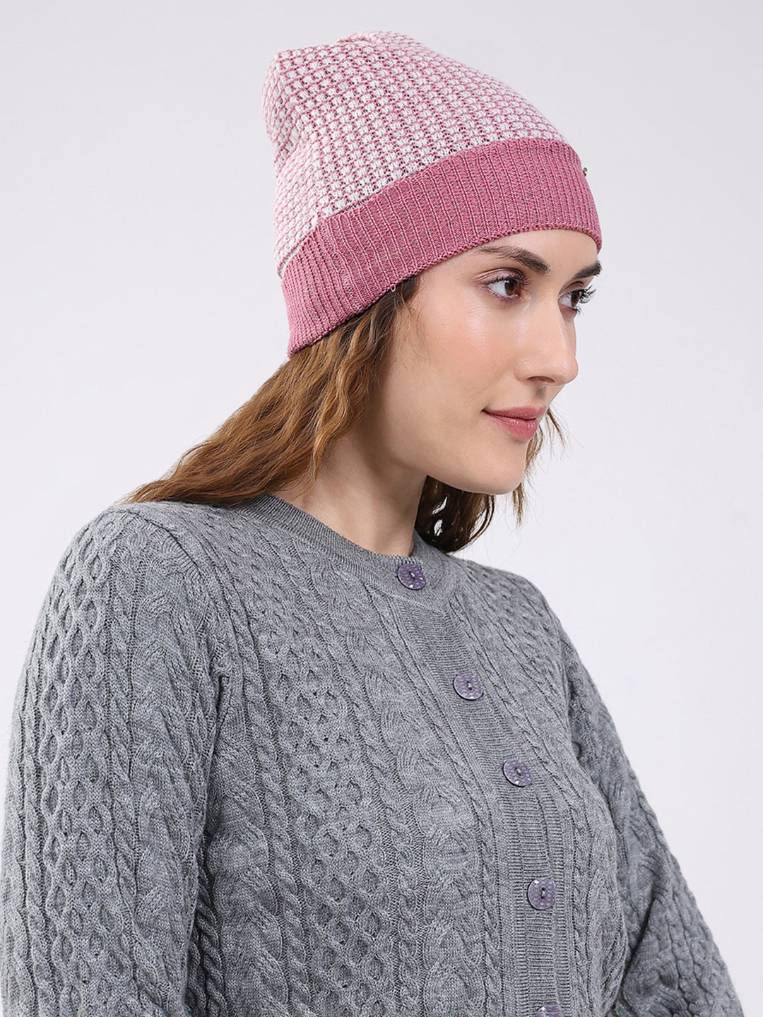Women Pink Self Design Blend Wool Cap