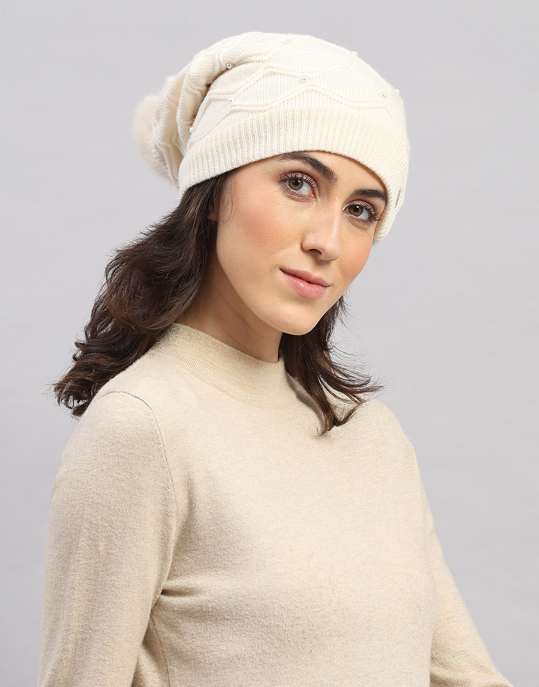 Women Off White Printed Blend Wool Cap