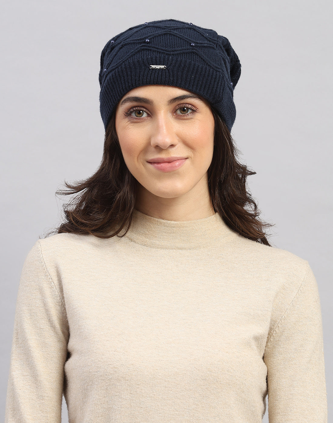 Women Navy Blue Printed Blend Wool Cap