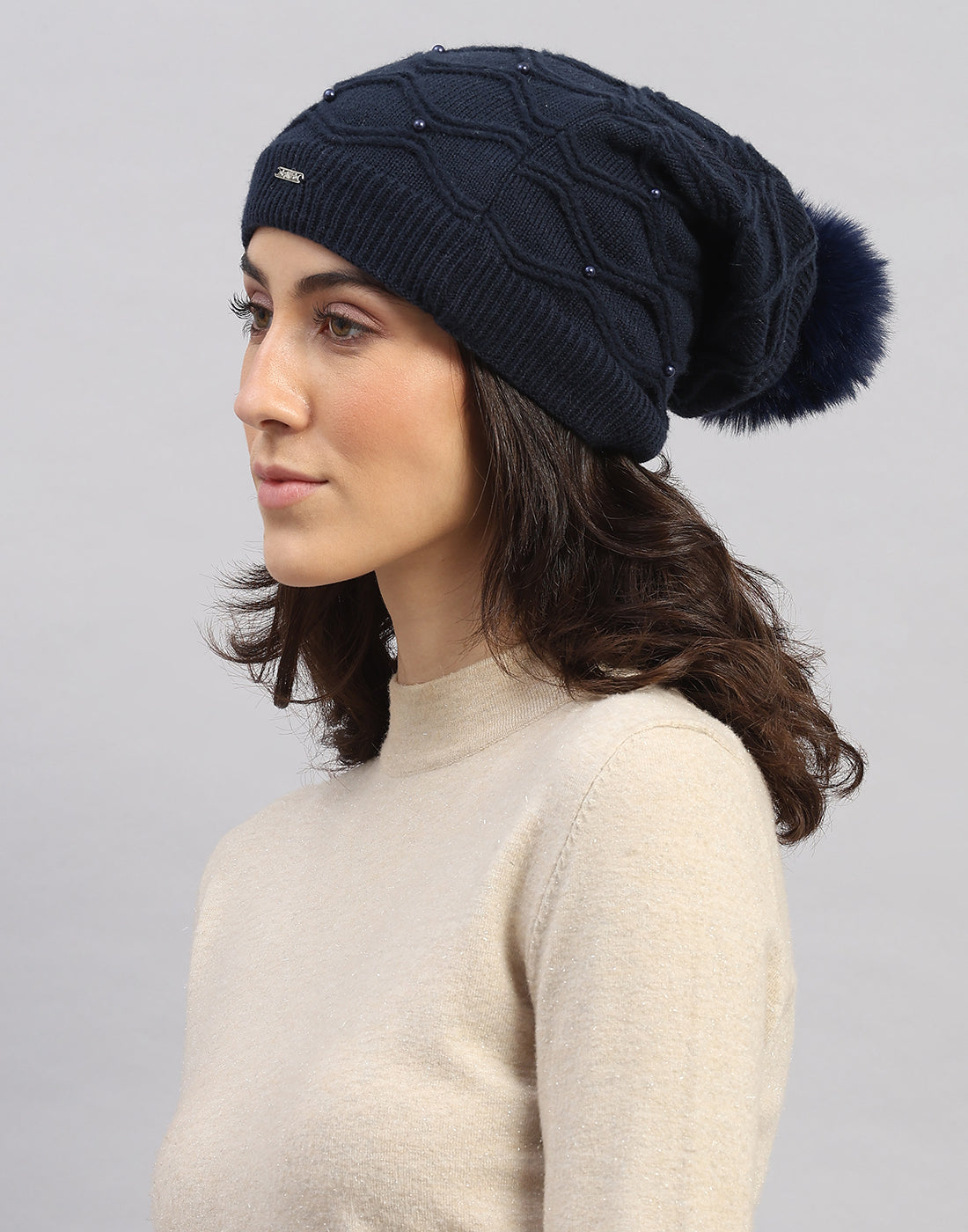 Women Navy Blue Printed Blend Wool Cap