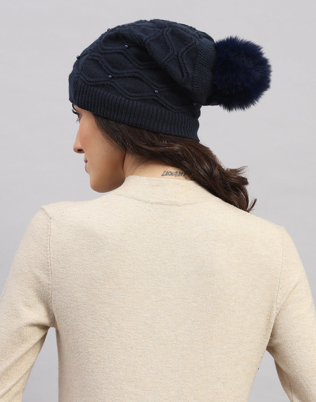 Women Navy Blue Printed Blend Wool Cap
