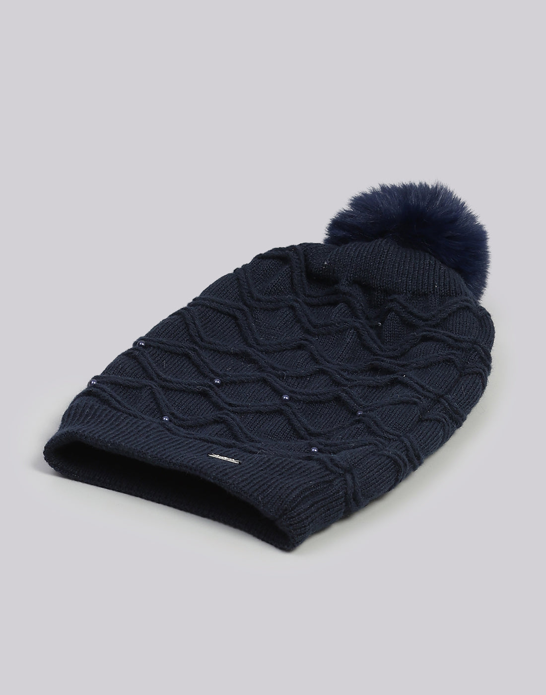 Women Navy Blue Printed Blend Wool Cap