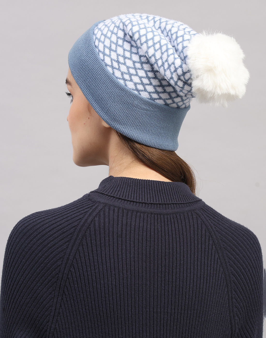 Women Light Blue Self Design Blend Wool Cap