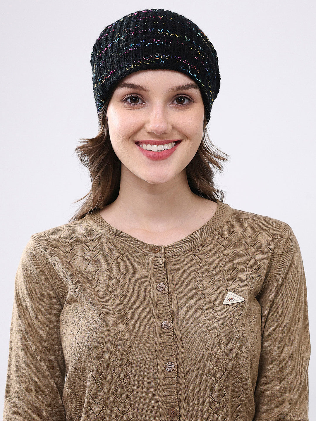 Women Black Self Design Blend Wool Cap