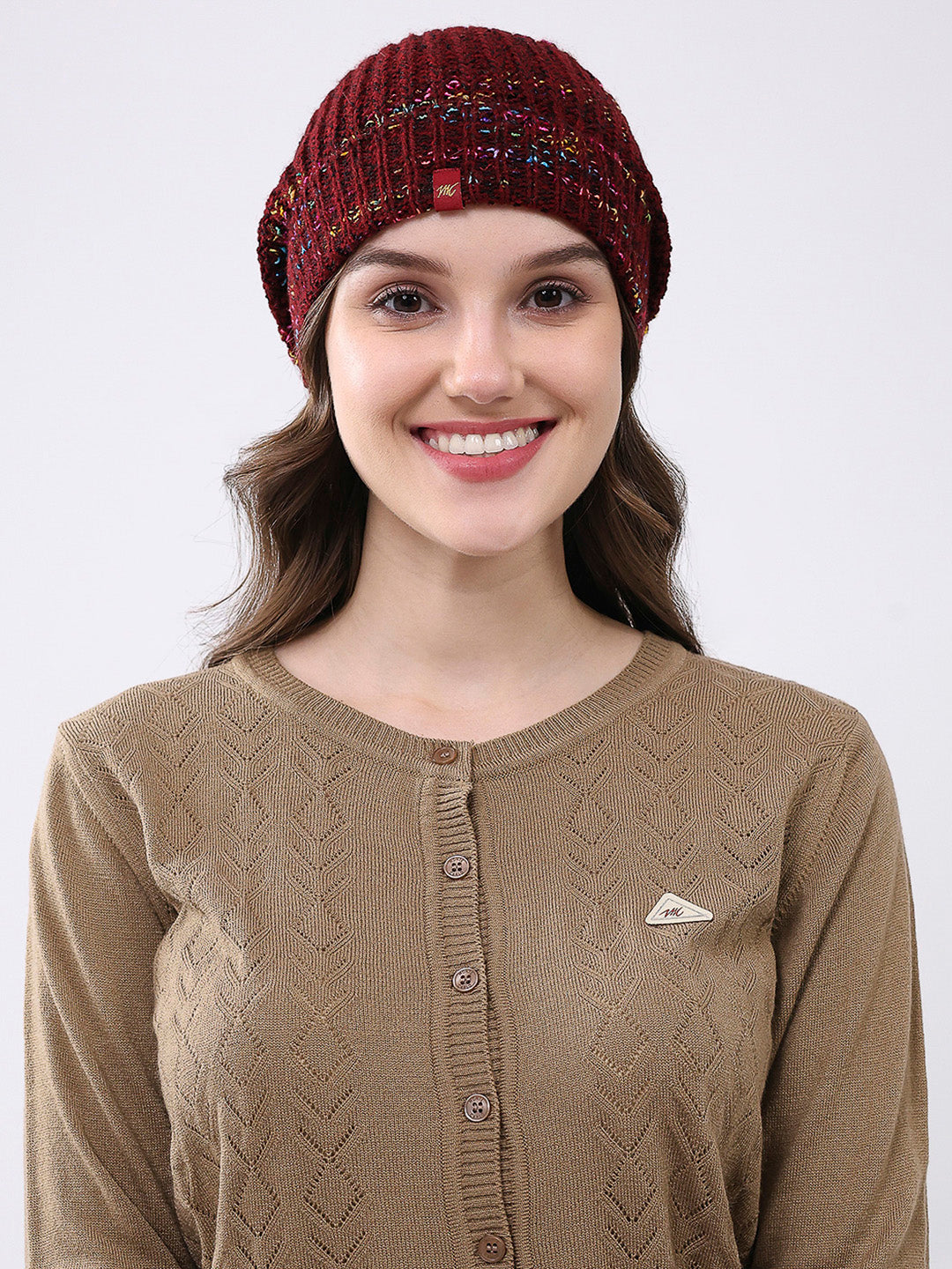 Women Maroon Self Design Blend Wool Cap
