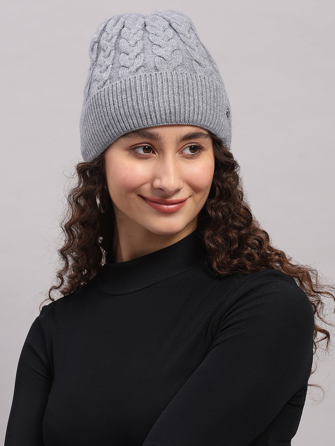 Women Grey Printed Blend Wool Cap