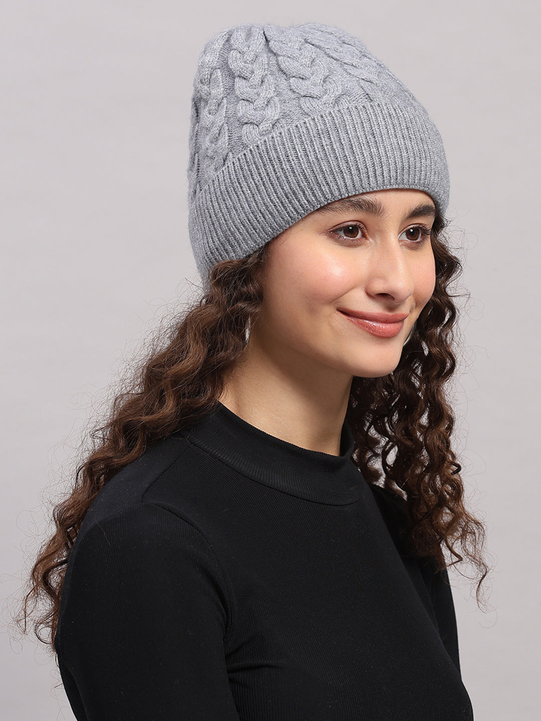 Women Grey Printed Blend Wool Cap