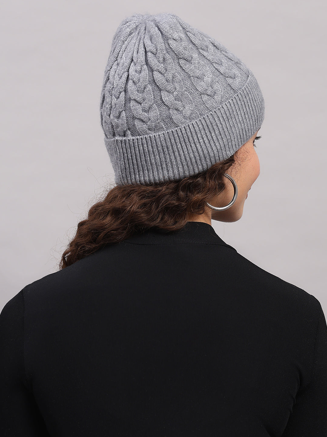 Women Grey Printed Blend Wool Cap
