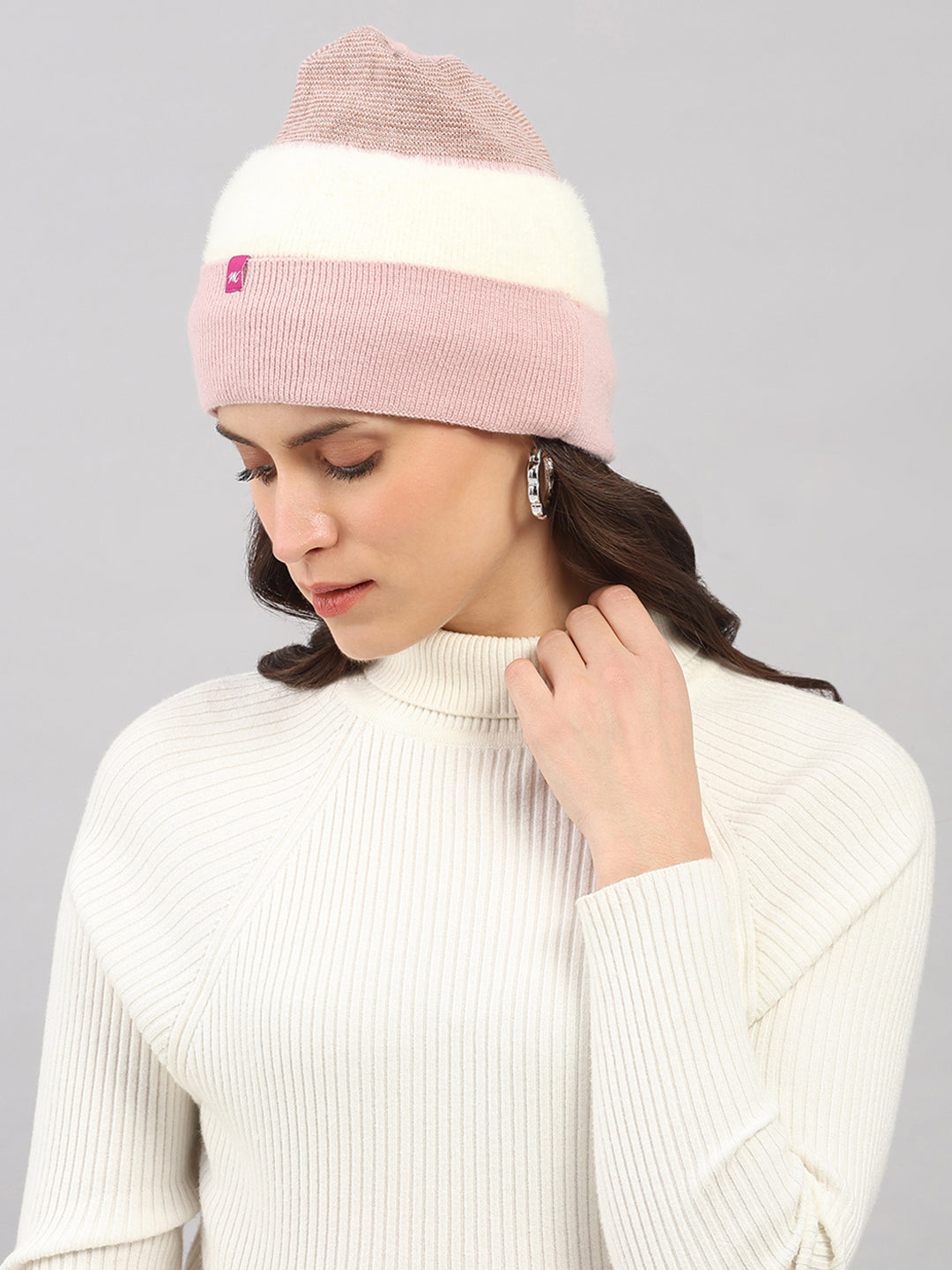 Women Pink Self Design Blend Wool Cap