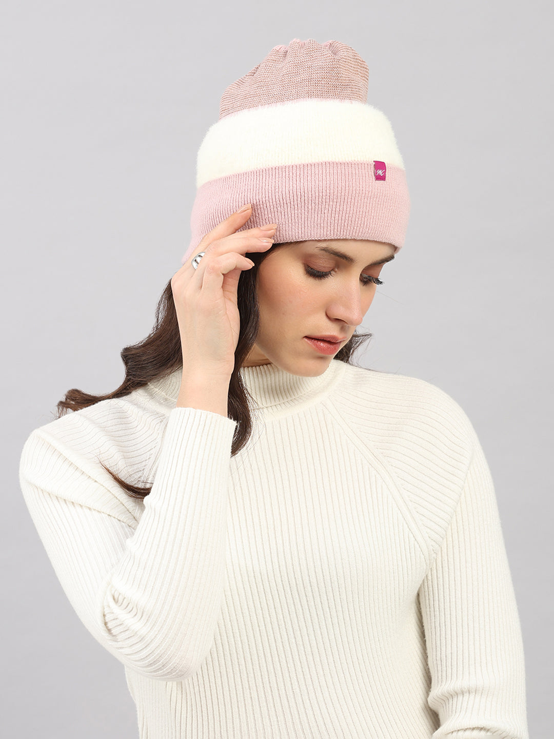 Women Pink Self Design Blend Wool Cap