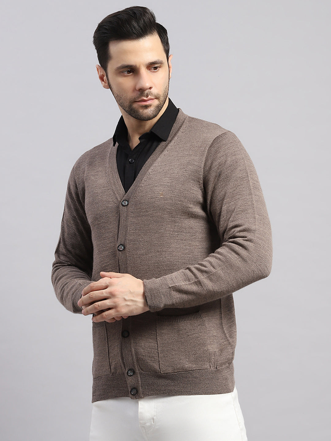 Luxuria Men Brown Solid V Neck Full Sleeve Cardigan