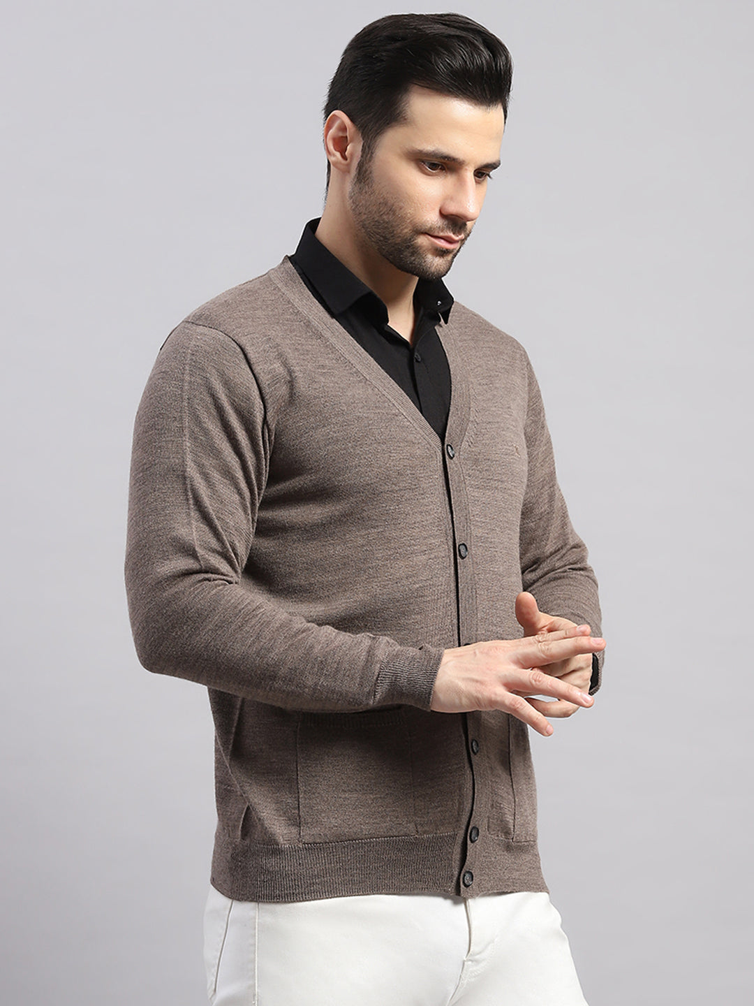Luxuria Men Brown Solid V Neck Full Sleeve Cardigan