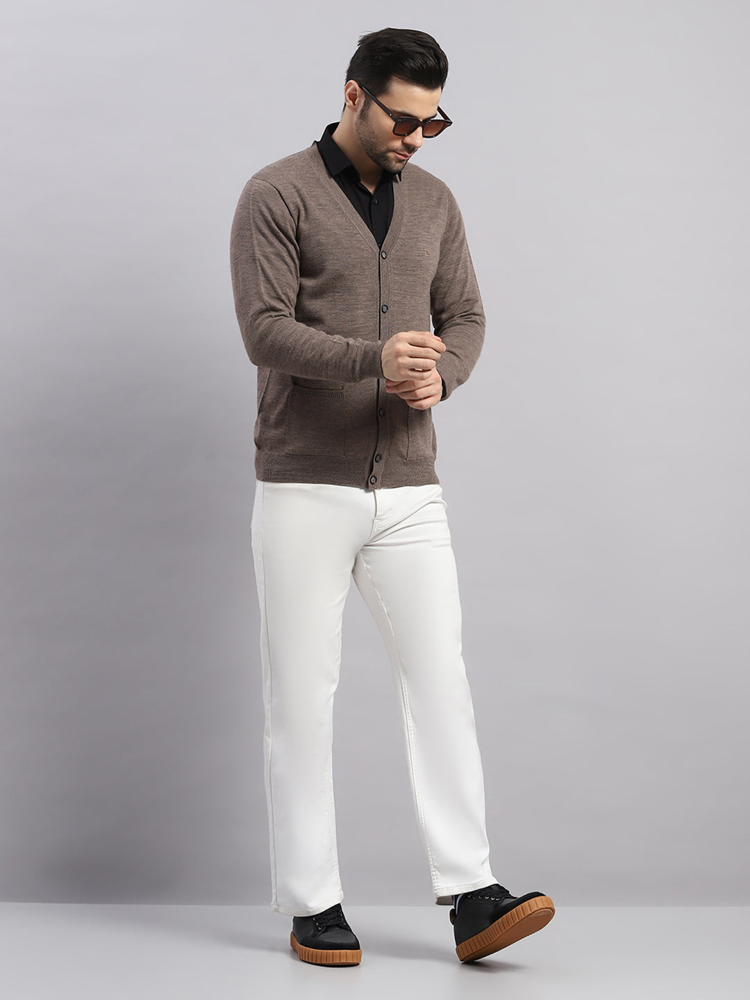 Luxuria Men Brown Solid V Neck Full Sleeve Cardigan