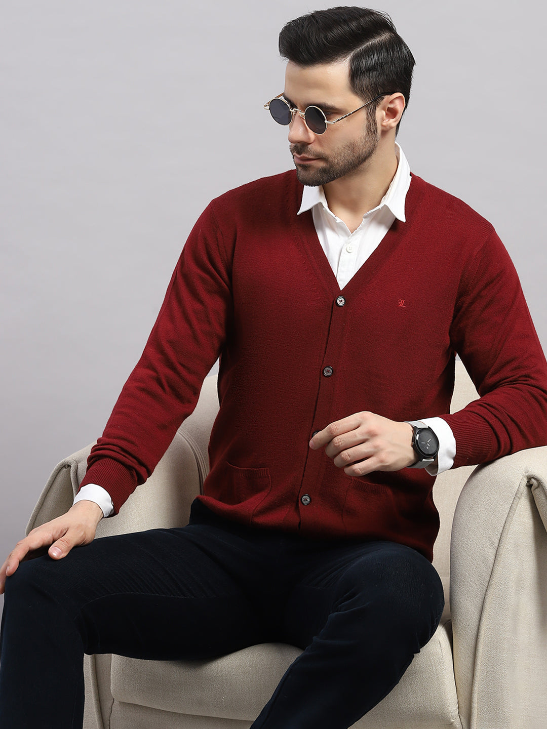 Luxuria Men Maroon Solid V Neck Full Sleeve Cardigan