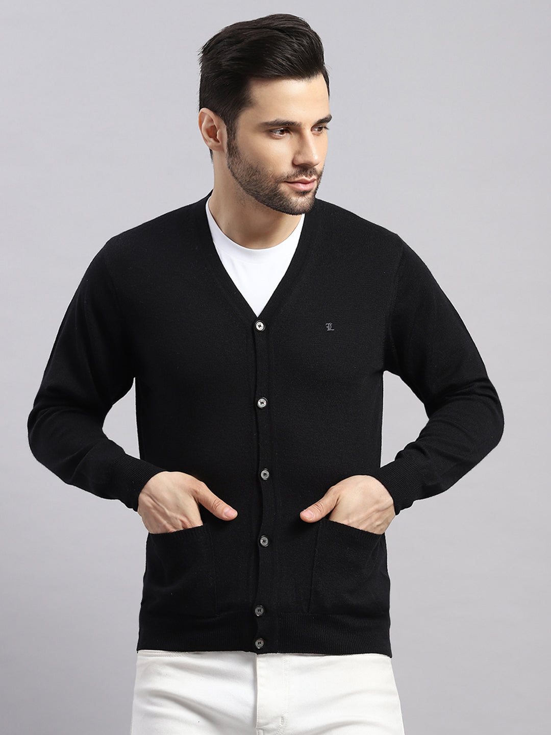 Luxuria Men Black Solid V Neck Full Sleeve Cardigan