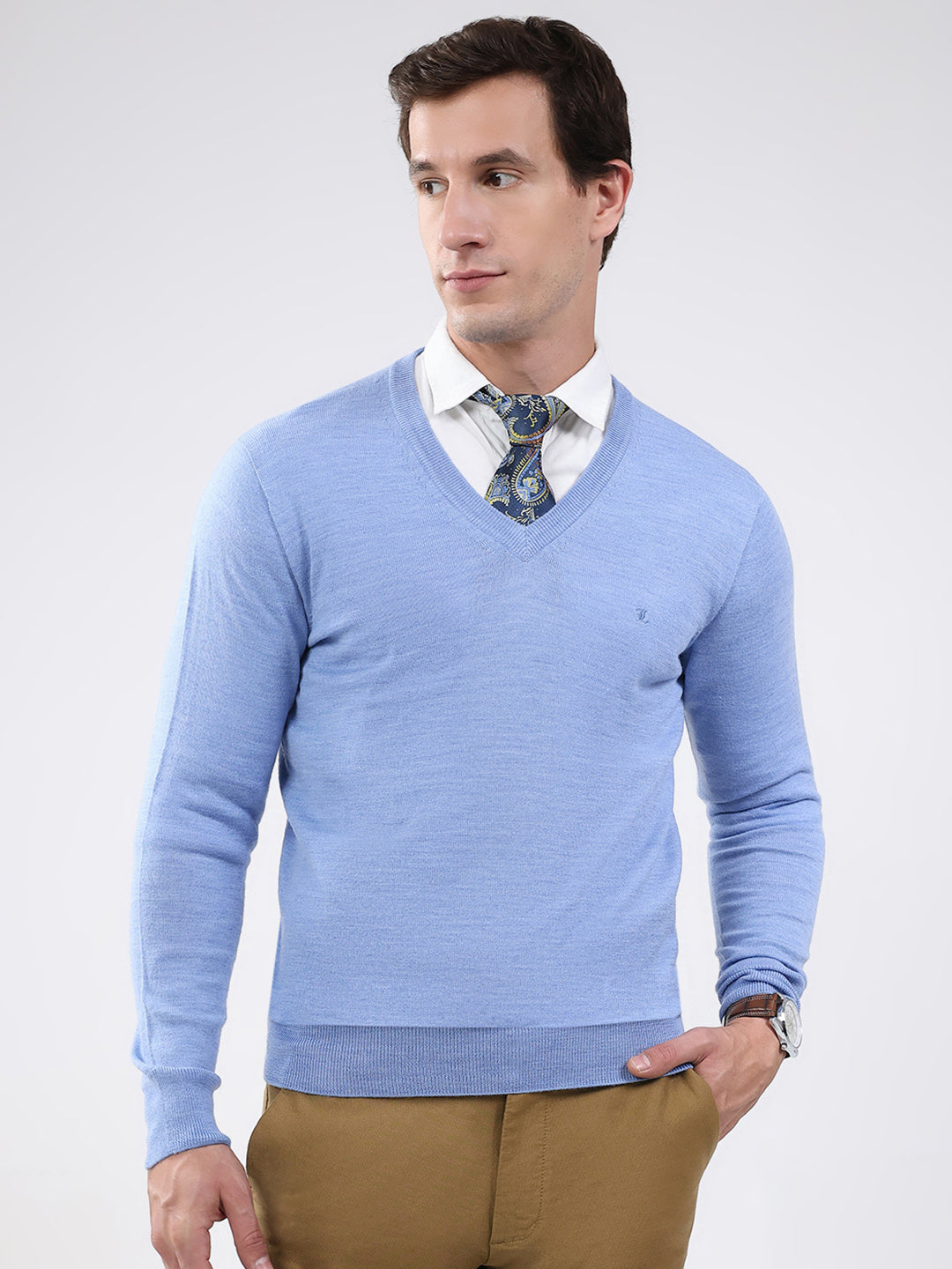 Luxuria Men Blue Solid V Neck Full Sleeve Pullover