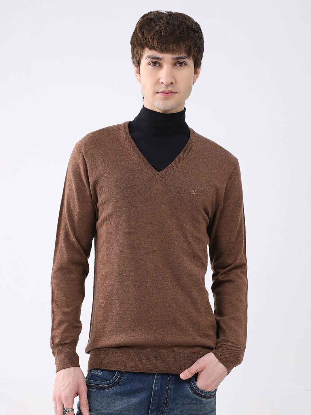 Luxuria Men Brown Solid V Neck Full Sleeve Pullover