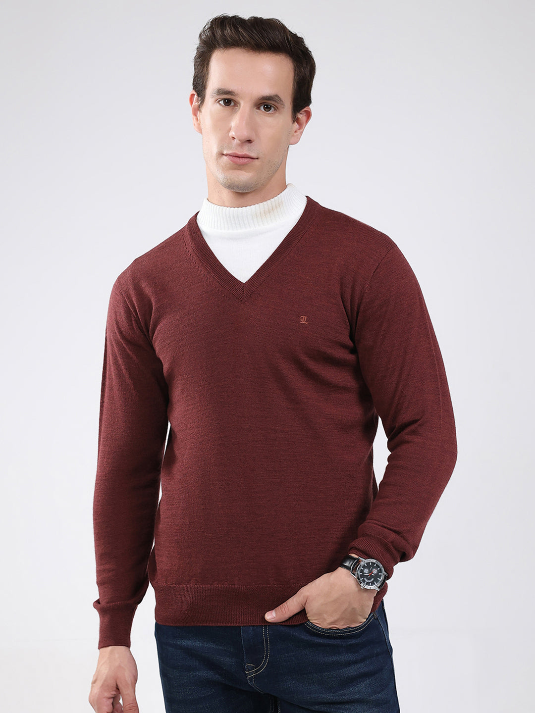 Luxuria Men Maroon Solid V Neck Full Sleeve Pullover