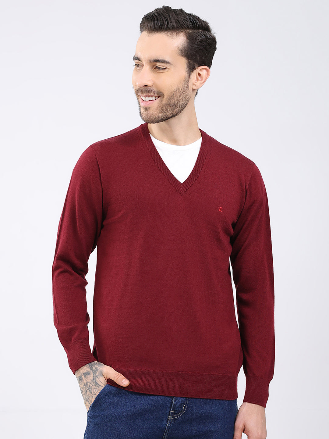 Luxuria Men Maroon Solid V Neck Full Sleeve Pullover