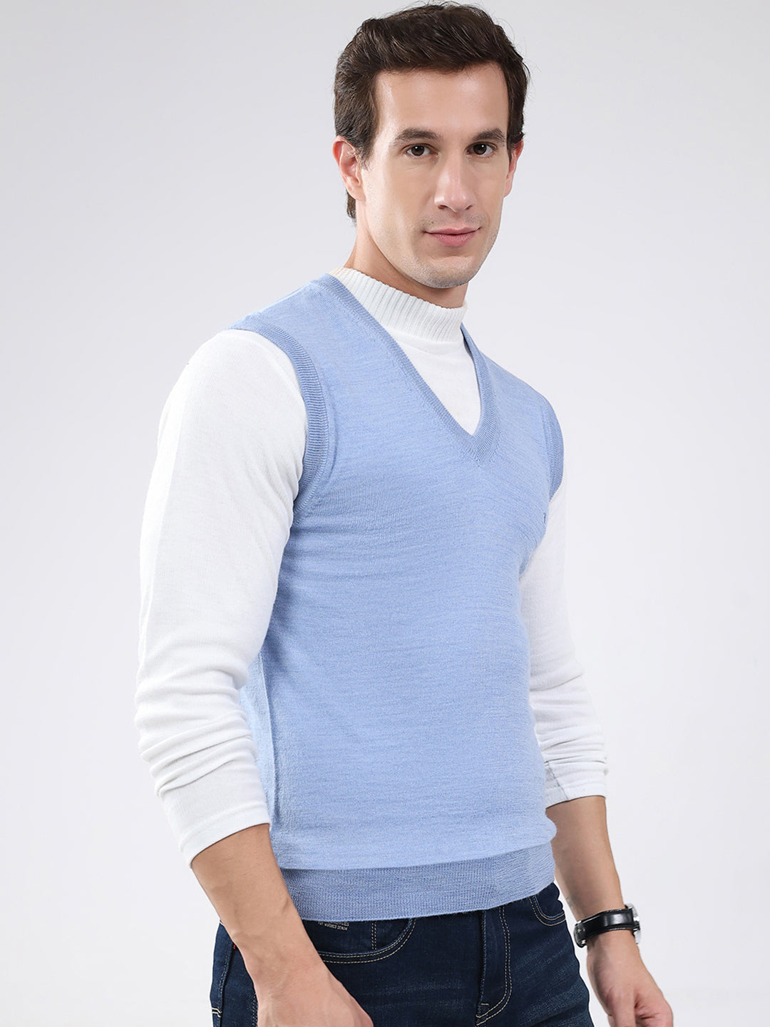 Luxuria Men Blue Solid V Neck Sleeveless Sweater