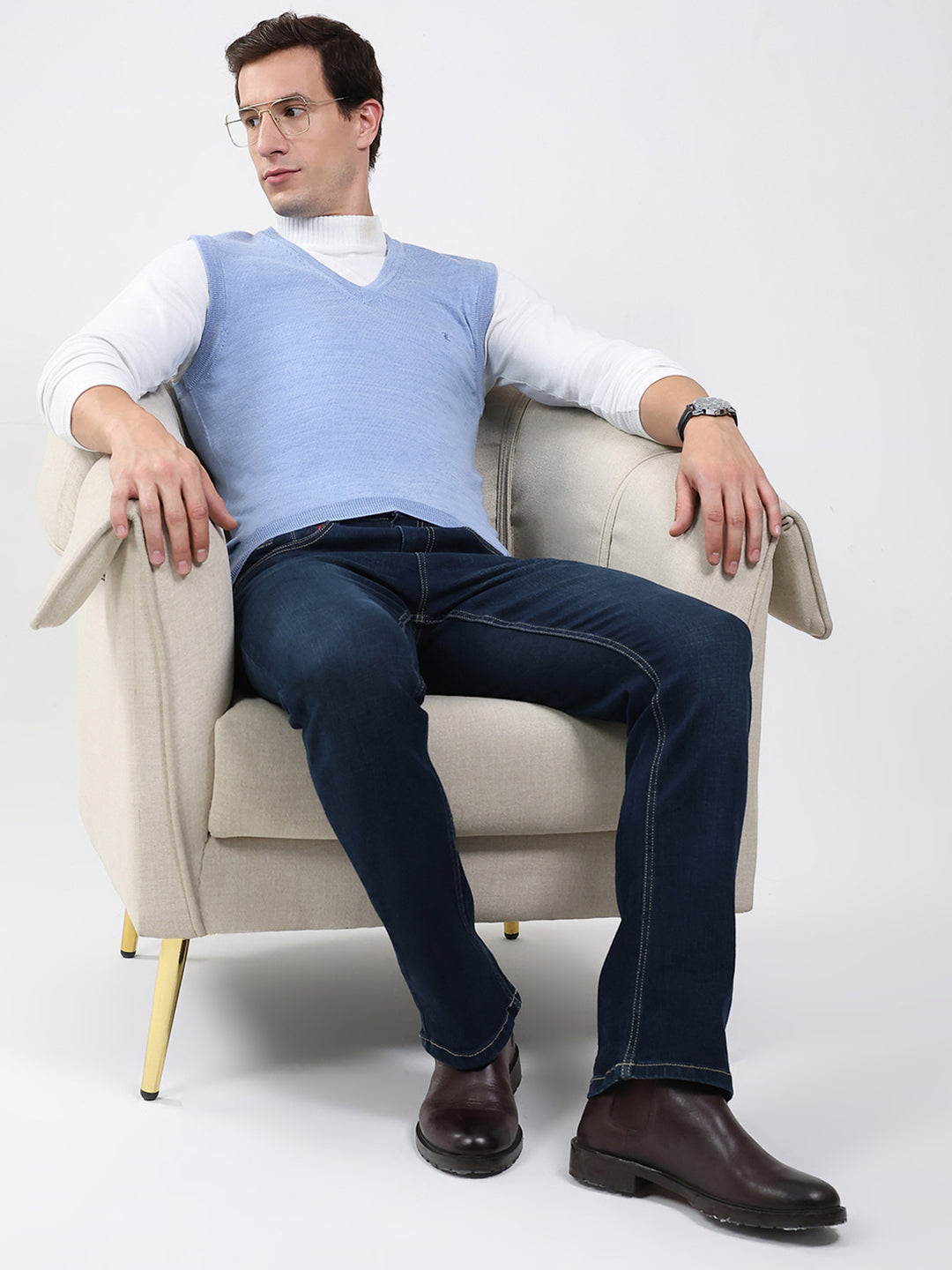 Luxuria Men Blue Solid V Neck Sleeveless Sweater