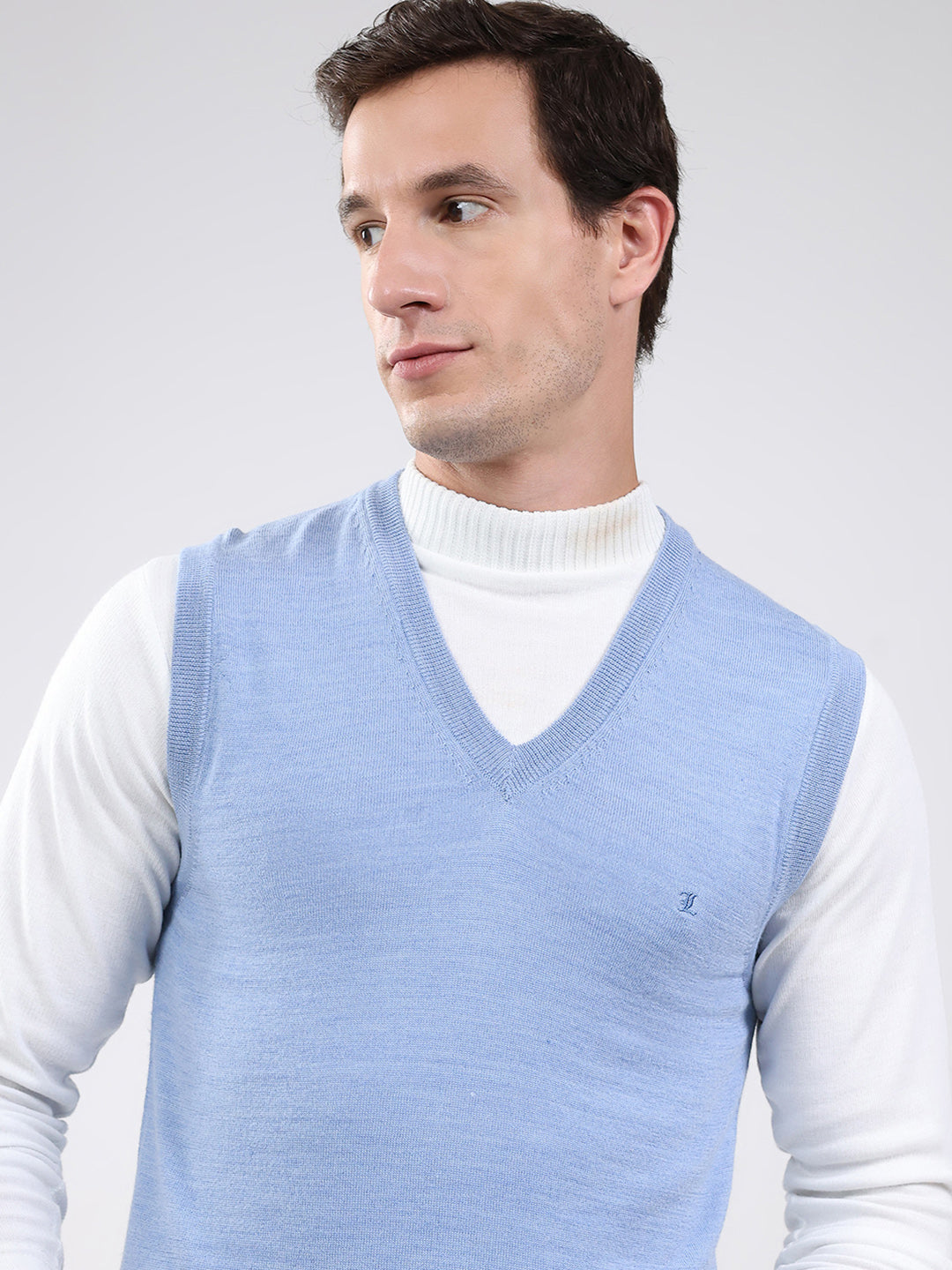 Luxuria Men Blue Solid V Neck Sleeveless Sweater