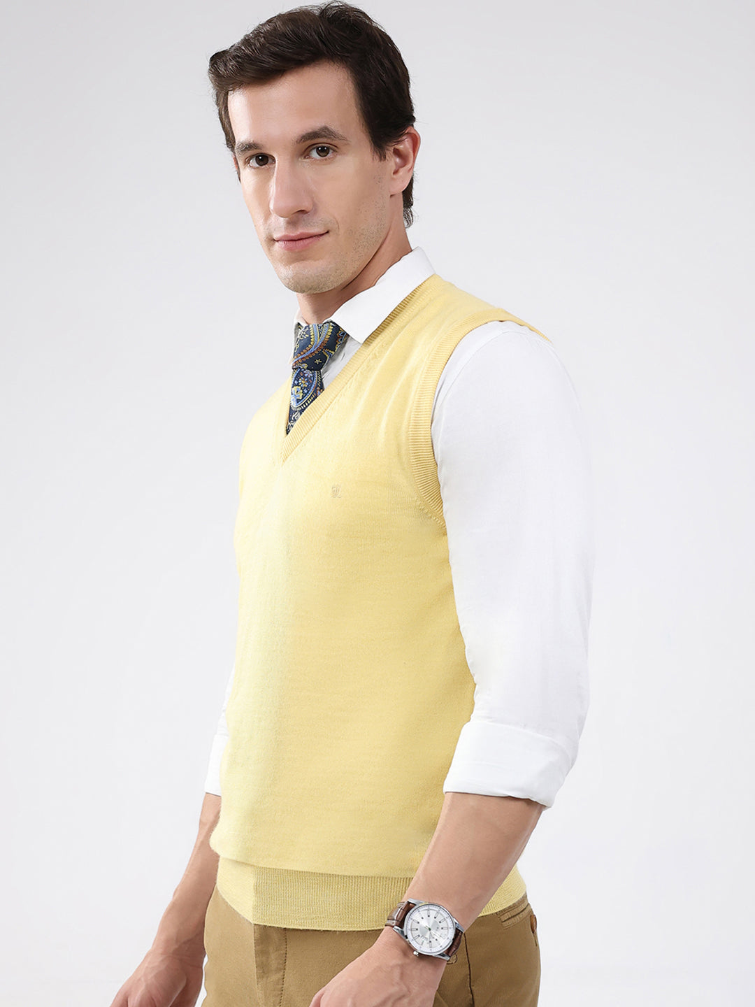 Luxuria Men Yellow Solid V Neck Sleeveless Sweater