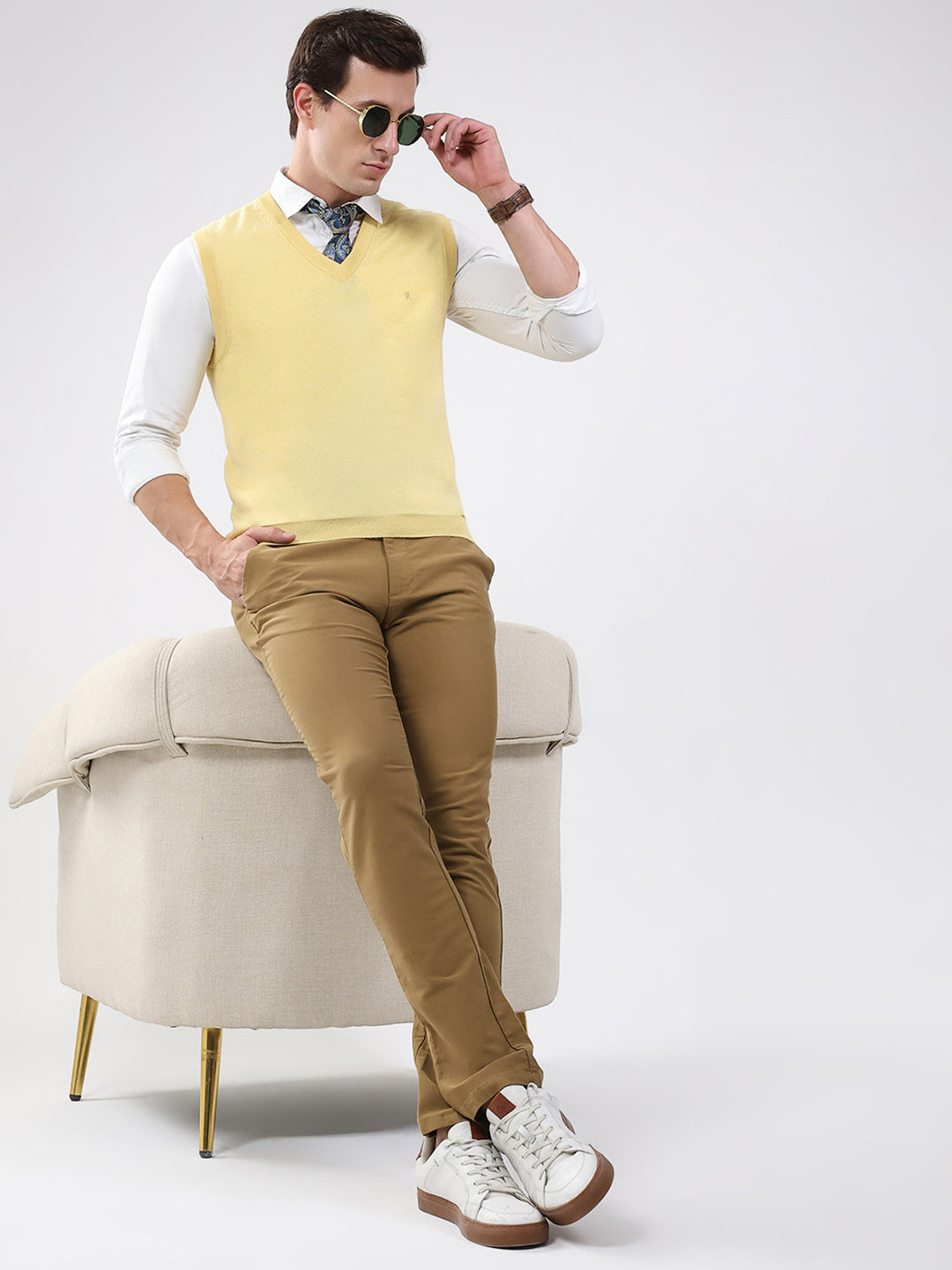 Luxuria Men Yellow Solid V Neck Sleeveless Sweater