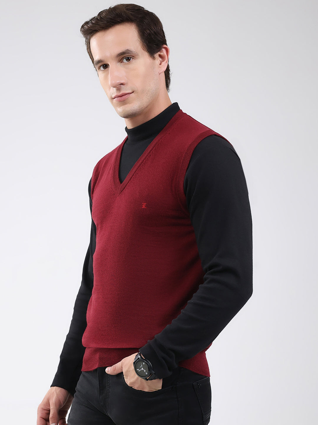 Luxuria Men Maroon Solid V Neck Sleeveless Sweater