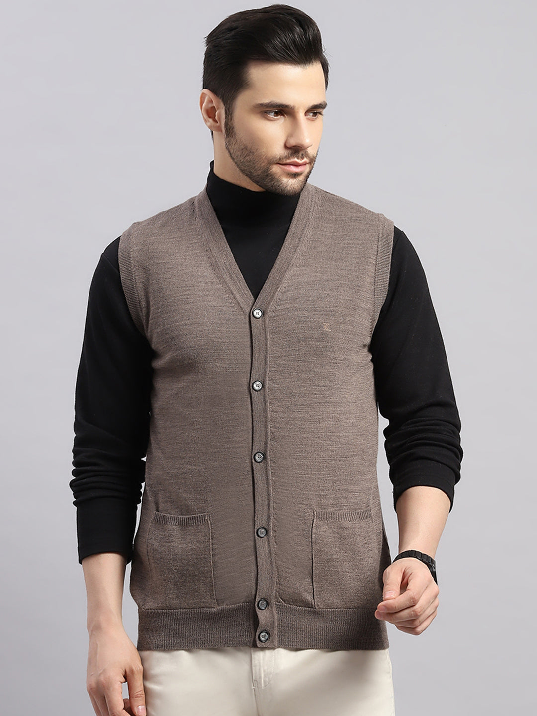Luxuria Men Brown Solid V Neck Sleeveless Cardigan