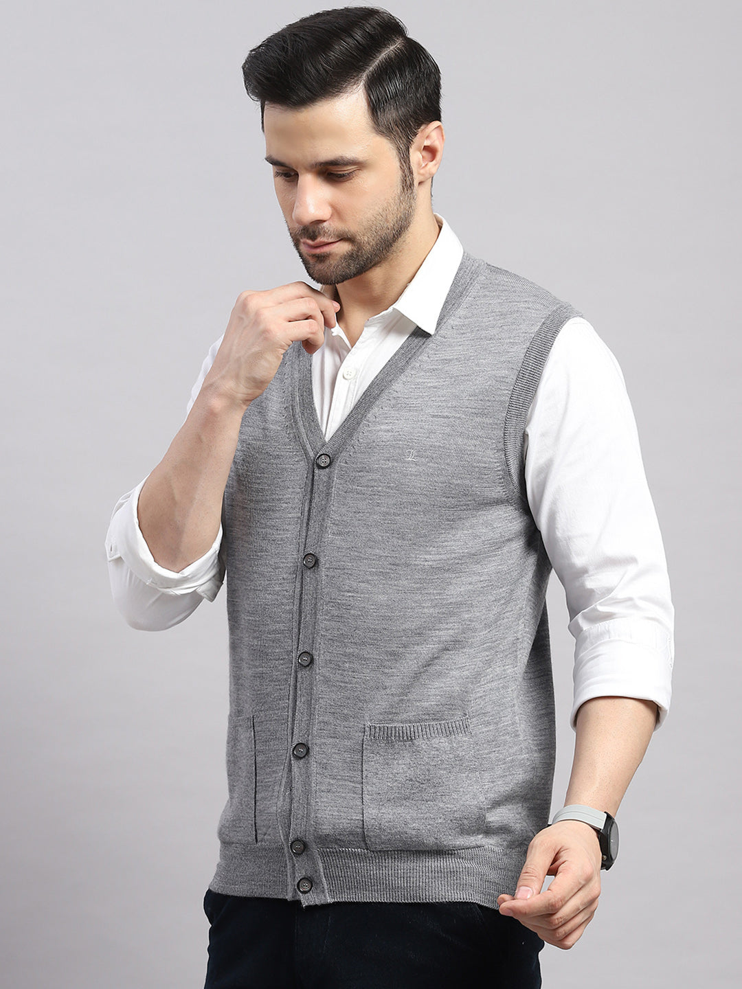 Luxuria Men Grey Melange Solid V Neck Sleeveless Cardigan