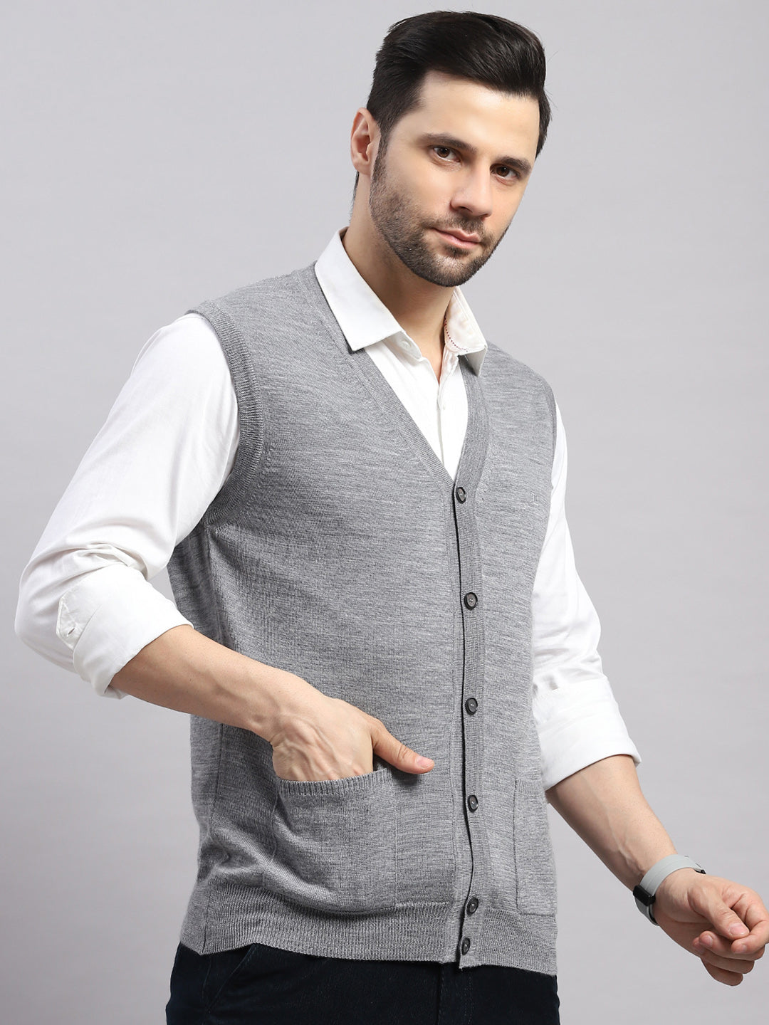 Luxuria Men Grey Melange Solid V Neck Sleeveless Cardigan