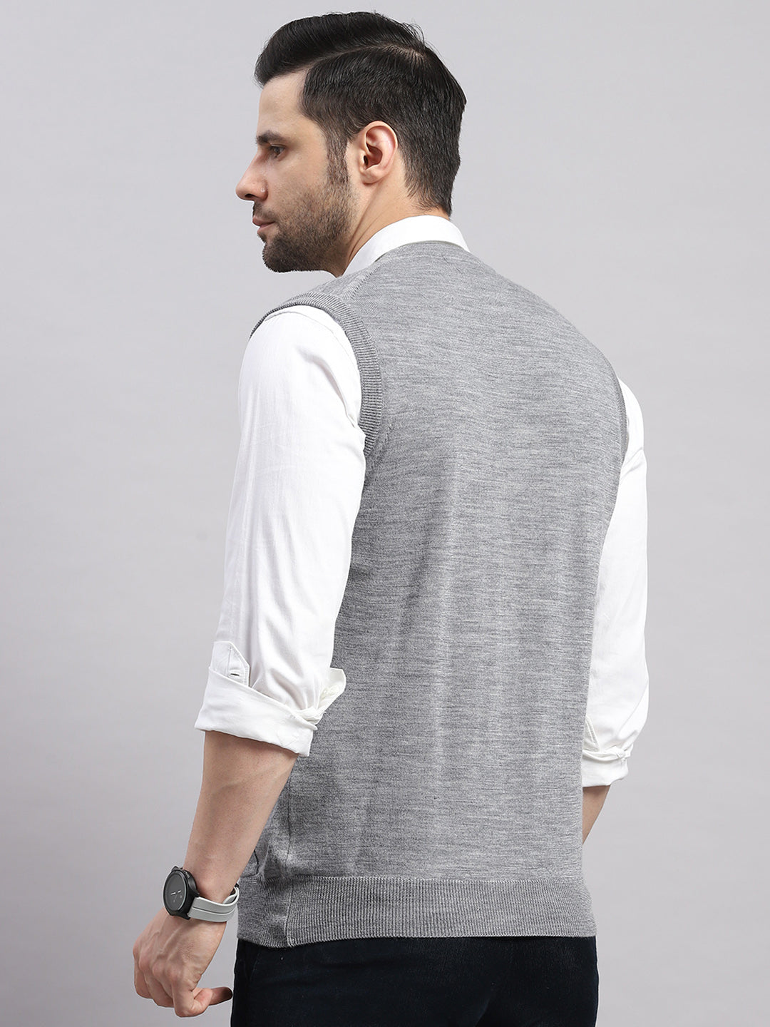 Luxuria Men Grey Melange Solid V Neck Sleeveless Cardigan