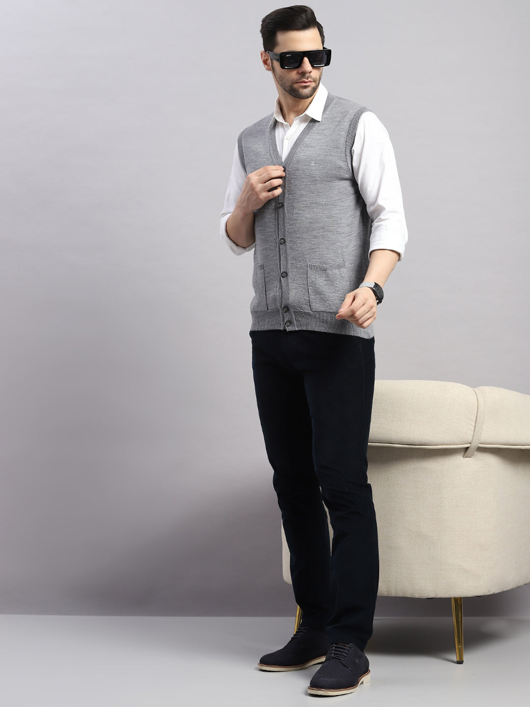 Luxuria Men Grey Melange Solid V Neck Sleeveless Cardigan
