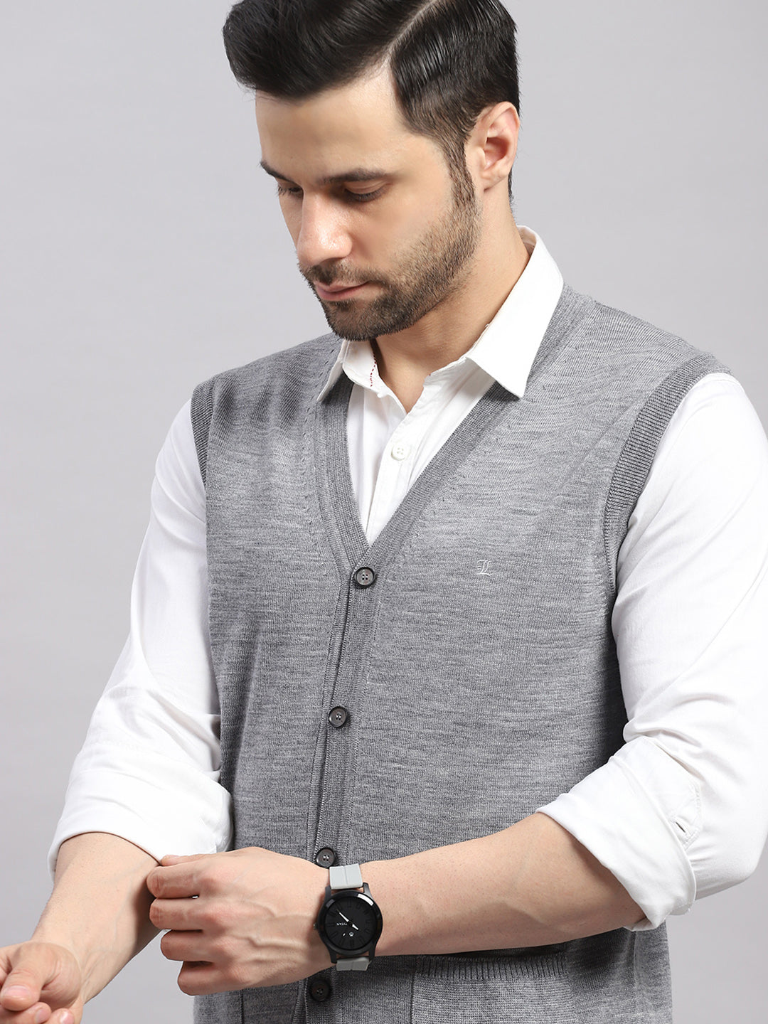 Luxuria Men Grey Melange Solid V Neck Sleeveless Cardigan