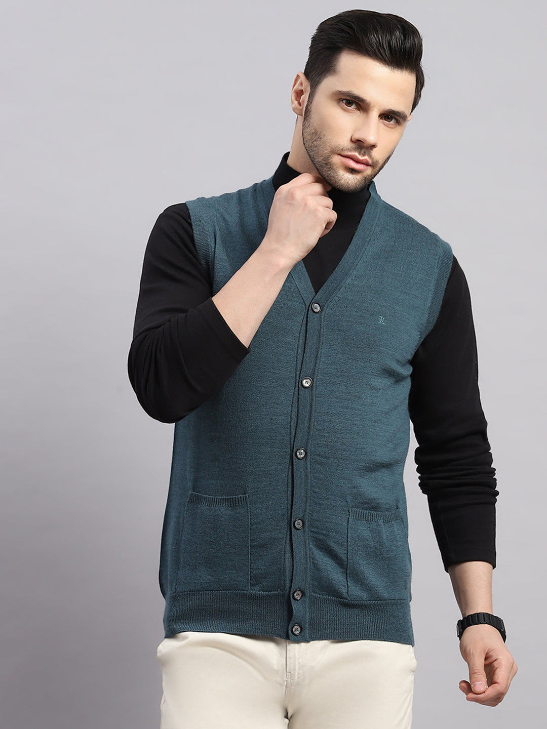 Luxuria Men Teal Blue Solid V Neck Sleeveless Cardigan