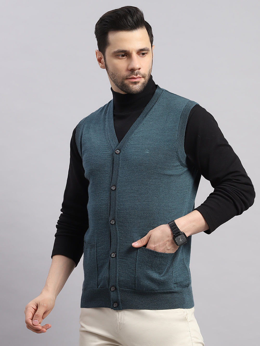 Luxuria Men Teal Blue Solid V Neck Sleeveless Cardigan