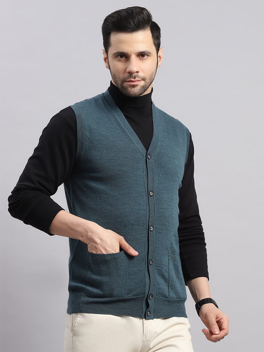 Luxuria Men Teal Blue Solid V Neck Sleeveless Cardigan