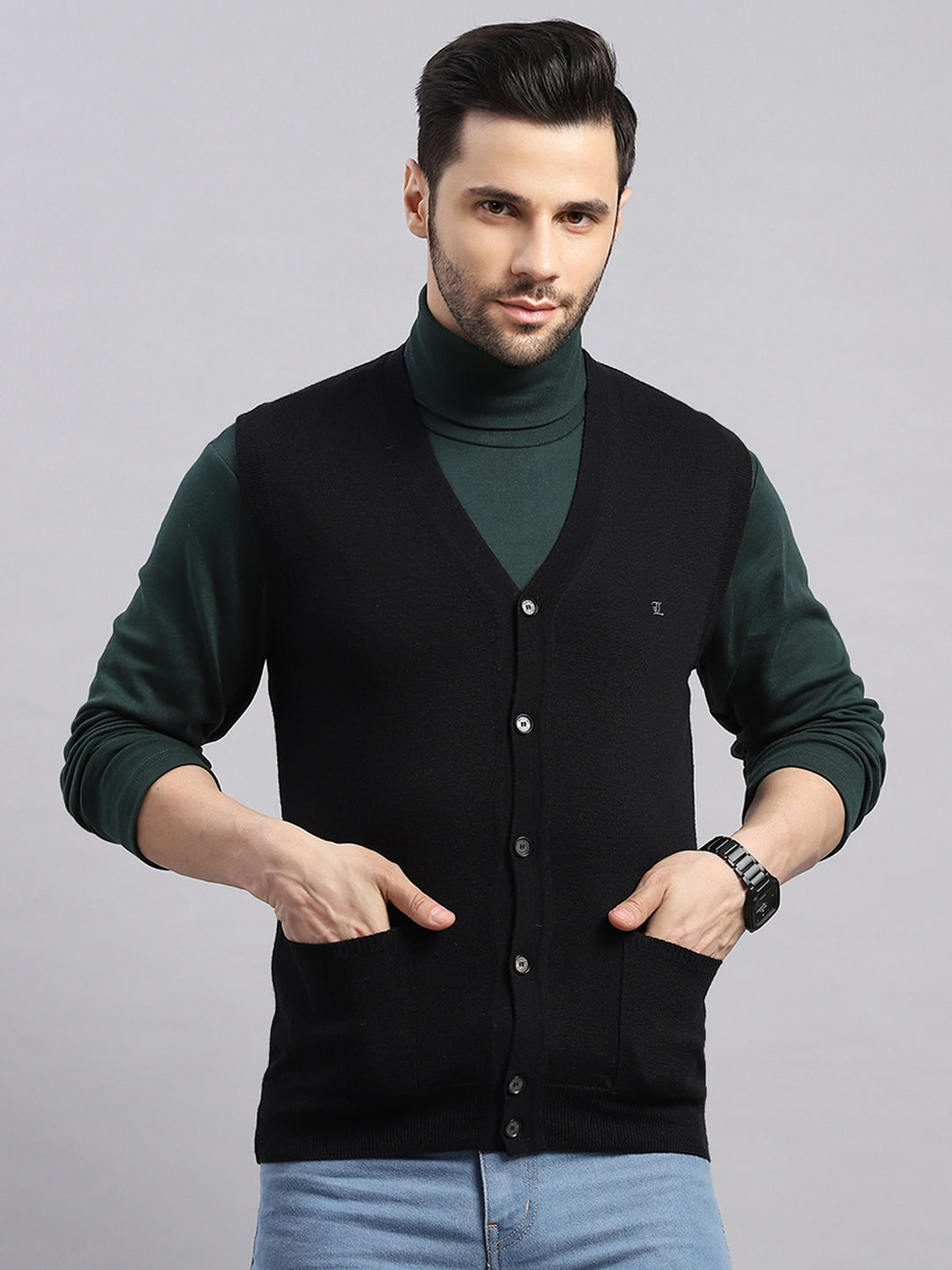 Luxuria Men Black Solid V Neck Sleeveless Cardigan