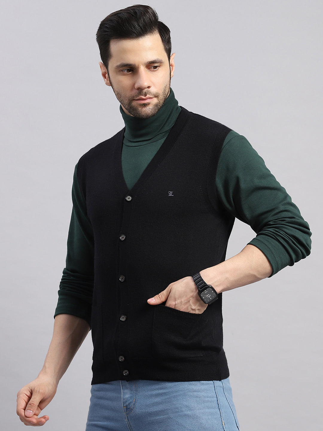 Luxuria Men Black Solid V Neck Sleeveless Cardigan