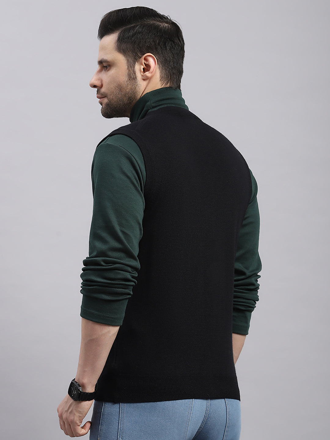 Luxuria Men Black Solid V Neck Sleeveless Cardigan