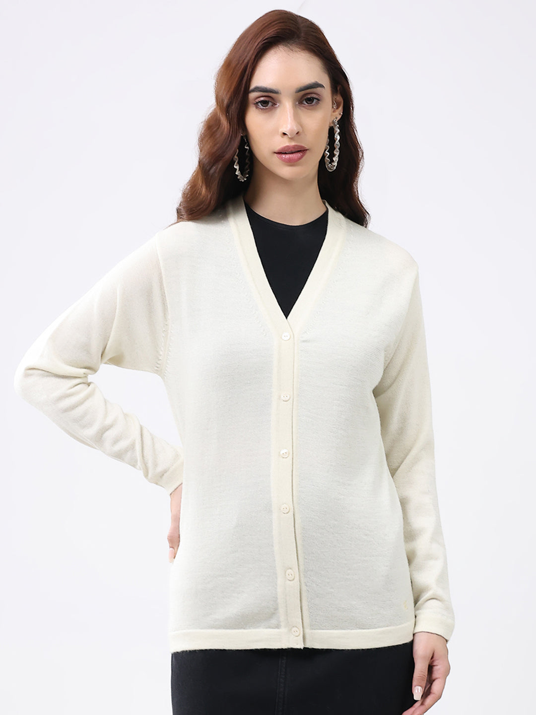 Luxuria Women Cream Solid V Neck Full Sleeve Cardigan