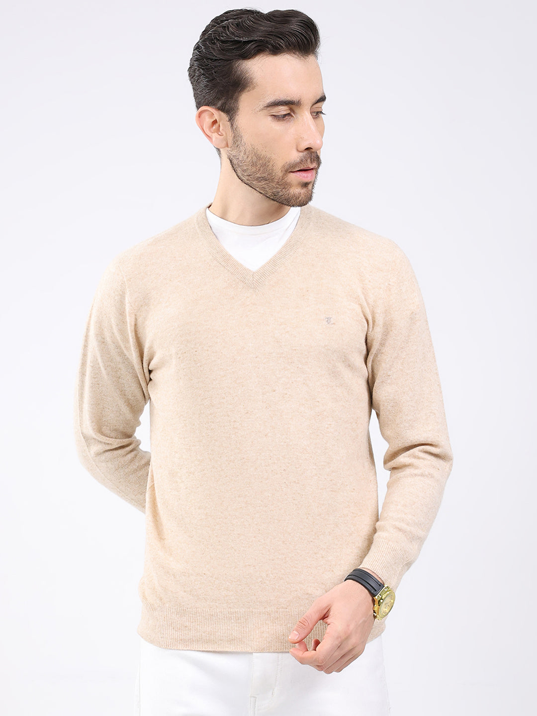 Luxuria Men Beige Solid V Neck Full Sleeve Pullover