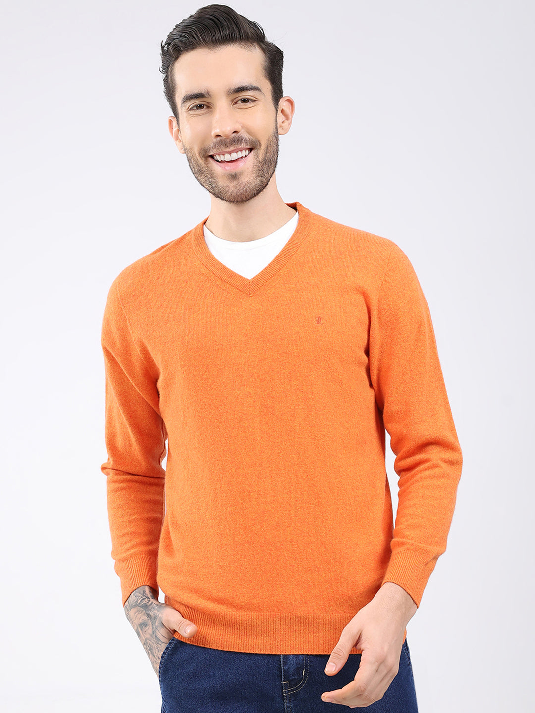 Luxuria Men Orange Solid V Neck Full Sleeve Pullover