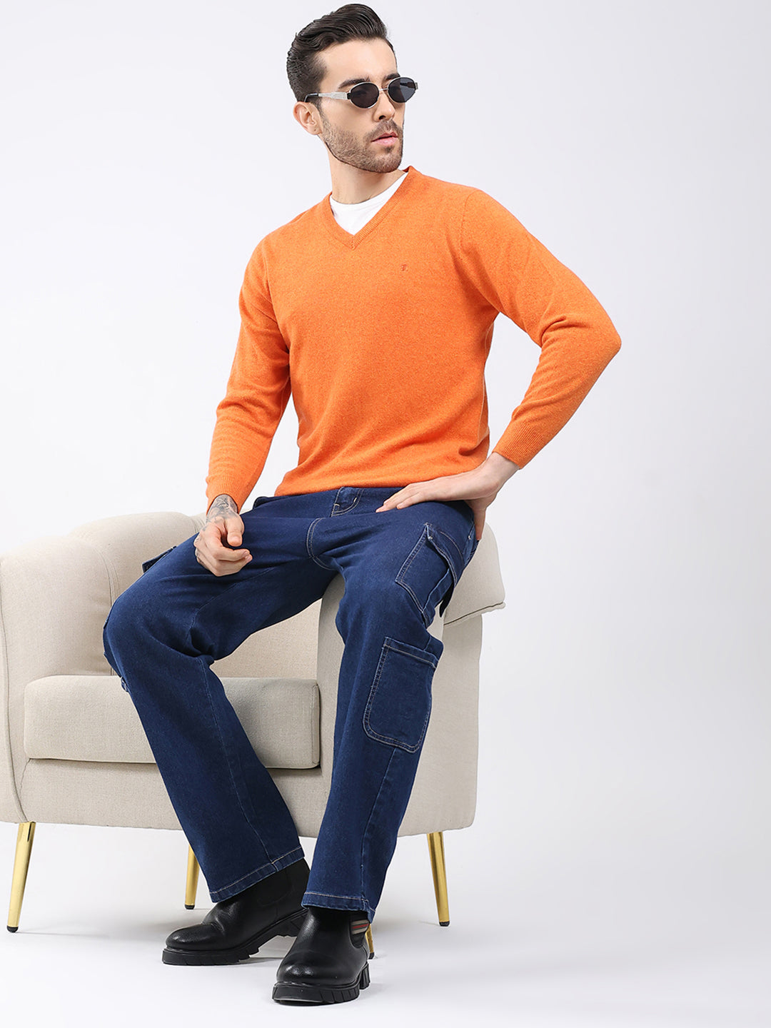 Luxuria Men Orange Solid V Neck Full Sleeve Pullover