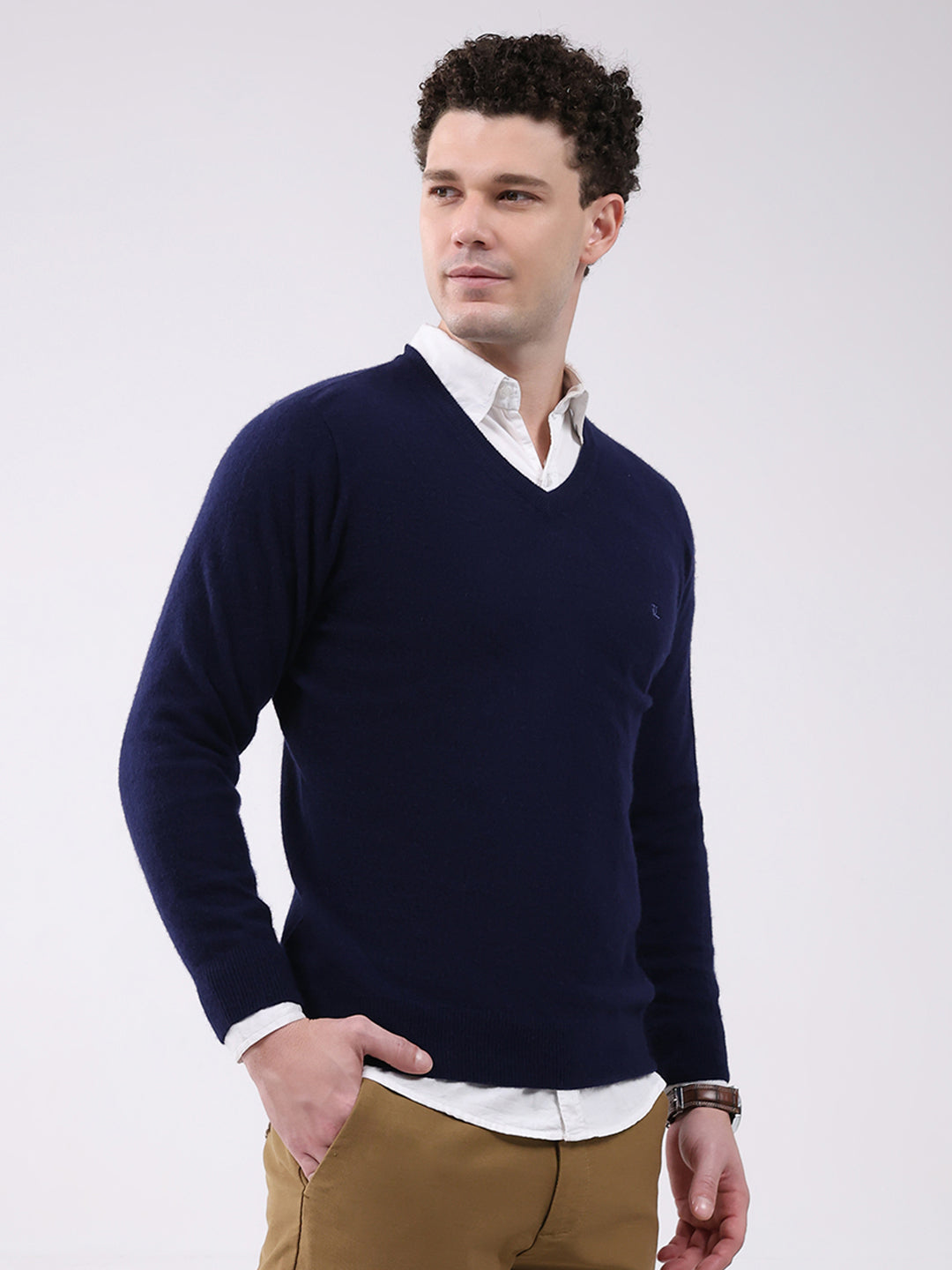 Luxuria Men Navy Blue Solid V Neck Full Sleeve Pullover