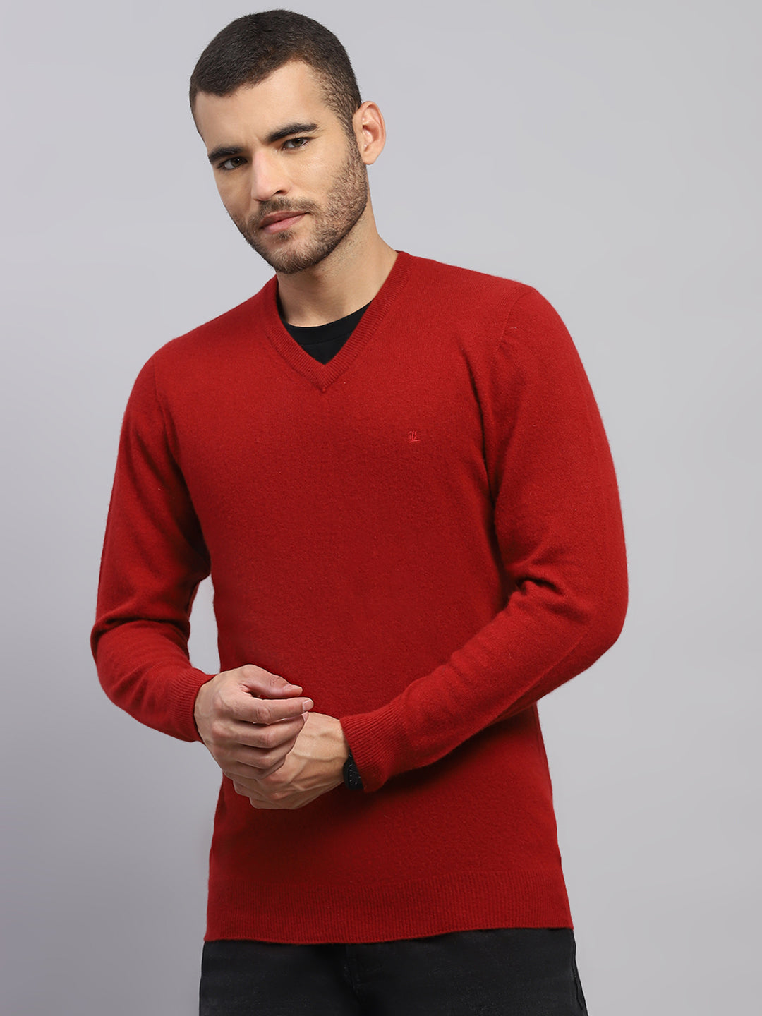 Luxuria Men Maroon Solid V Neck Full Sleeve Pullover