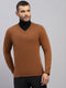 Luxuria Men Brown Solid V Neck Full Sleeve Pullover