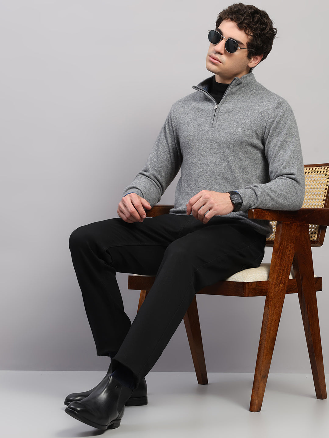 Luxuria Men Grey Solid Collar Full Sleeve Pullover